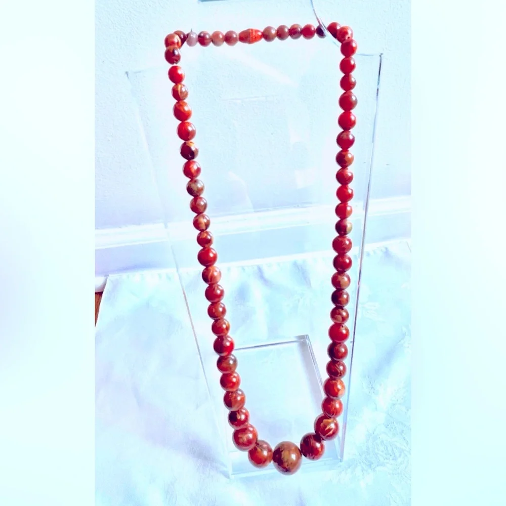Art Deco Vintage Celluloid Bead Long Roaring Necklace In Burnt Orange 31